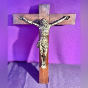 Vintage Bronze Crucifix on Solid Wooden Cross